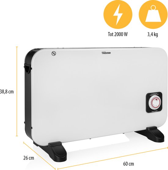Tristar KA-5816 Convectorkachel - Elektrische kachel - 2 warmtestanden - 1250/2000W - Turbofunctie - 24u Timer - Oververhittingsbeveiliging - Wit - Vorstvrijfunctie - Eco-efficiënte verwarming - Draaghendels