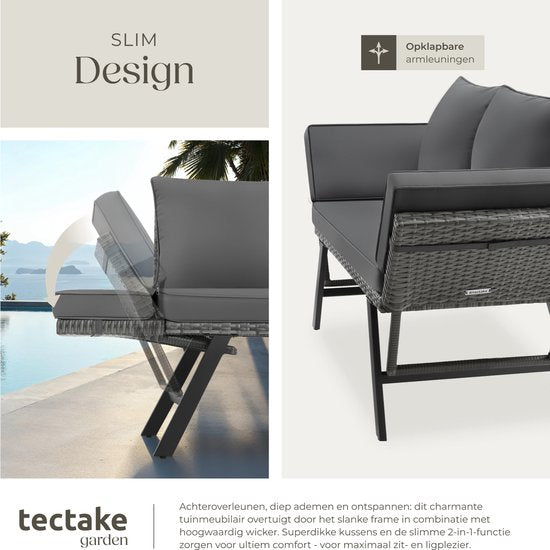 tectake® 2-in-1 Wicker Tuinbank Sintra - Verstelbare Leuningen - Tuinset - Ligbed - Balkon Loungebank - Incl. Kussens - Outdoor Loungesofa - UV- en Weerbestendig Zonnebed - Grijs