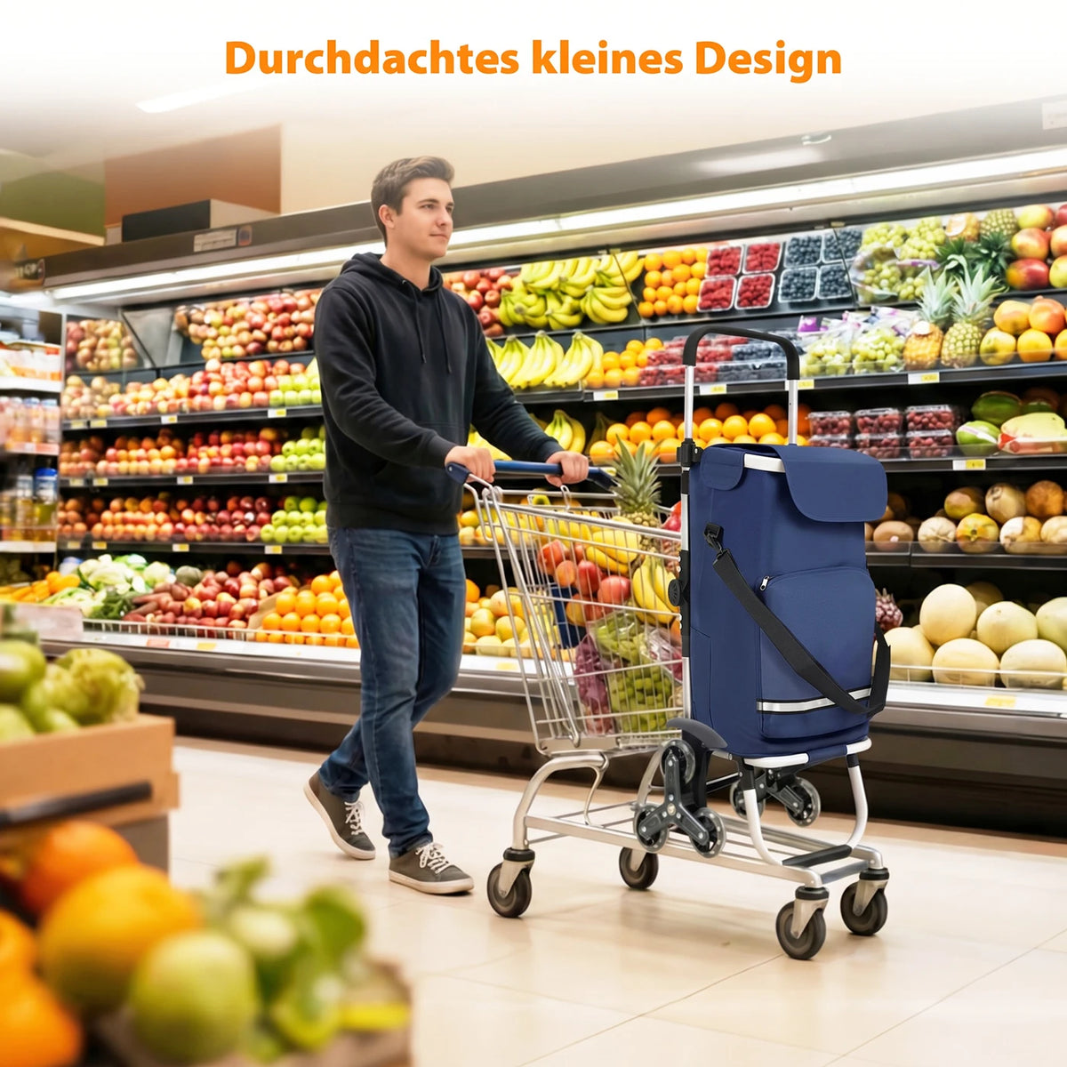 Opvouwbare Boodschappentrolley Traploper 60 L - 3-in-1 met Koelvak en 6 Wielen - Aluminium Frame - Blauw - 36 x 42 x 98 cm