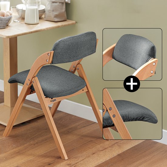 SoBuy Set van 2 Klapstoel, Bureaustoel met Gestoffeerd Zitkussen, Eetkamerstoel, Natuur/Donkergrijs, 47.5x77x59 cm, FST92-SGx2 - voor eetkamer, balkon of kantoor