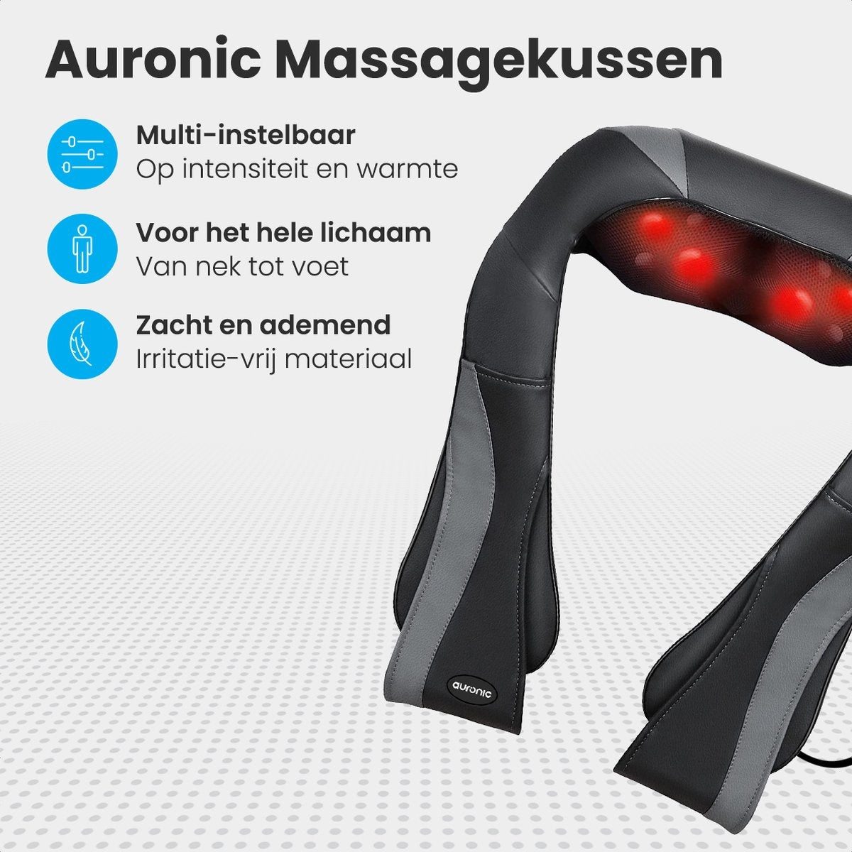 Auronic Shiatsu Massagekussen – 3 Intensiteitsstanden – Warmtefunctie tot 40°C – 41 x 17 x 50 cm – Zwart/Grijs