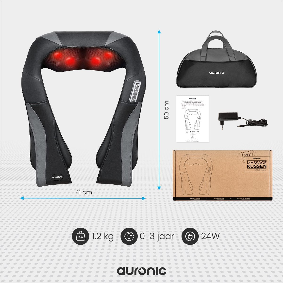 Auronic Shiatsu Massagekussen - Elektrisch Nekmassage Apparaat - Infrarood - Inclusief Draagtas - Zwart/Grijs