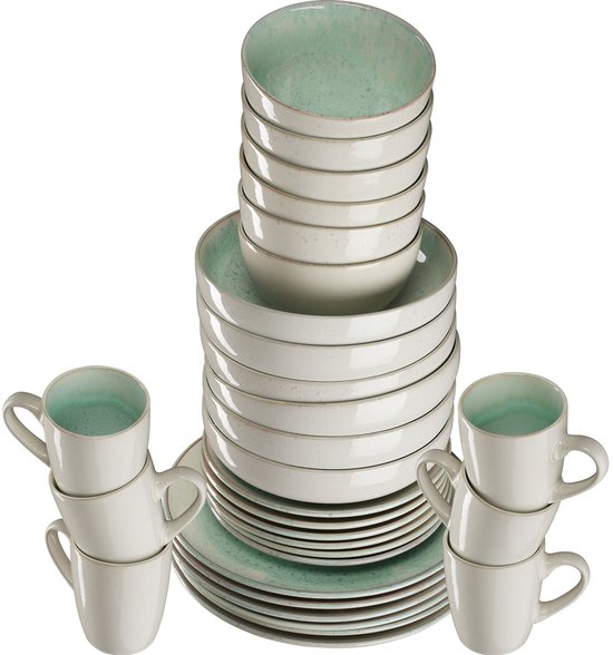 tectake® Serviesset Mare - 30-delig - Aardewerk met Glanzend Glazuur - 6 Persoons - Handgemaakt Servies - Moderne Bordenset met Grote en Kleine Borden, Kommen, Schaaltjes en Kopjes - Vaatwasser- en Magnetronbestendig - Munt