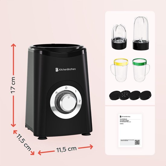 KitchenBrothers Smoothie Blender - 2-in-1 - Blender to Go - 4 Bekers - Smoothie Maker To Go - Mini Blender - Zwart