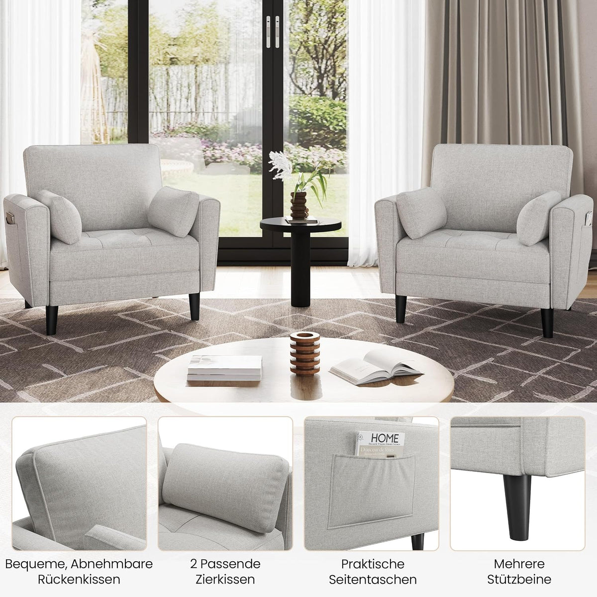 Yaheetech Loveseat Linnen Bank - Grijsbeige - 102,5 x 75 x 85,5 cm - Met 2 Kussens en Zijzakken