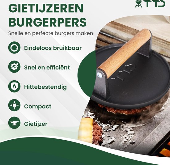 TTD® Hamburgerpers Gietijzer XL - Hamburgermaker Extra Zwaar - Hittebestendig - Strakke Grillgroeven - BBQ Accesoires - Barbecue Accessoires - Smash Burger - BBQ Gereedschap