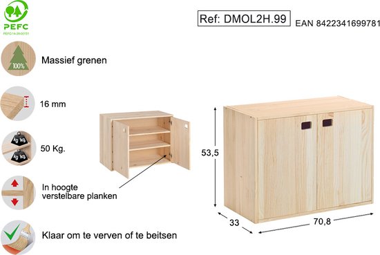 Astigarraga Wandkast met deuren - PEFC grenen - 71x53cm - Dressoir - TV-meubel - TV-kast