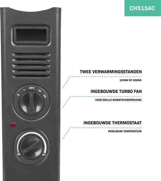 VONROC Elektrische kachel - Convectorkachel met ingebouwde radiator ventilator - 2 standen: 1250W/2000W - Regelbare thermostaat - Verwarmt ruimtes tot 24m2 – Modern design - Grijs