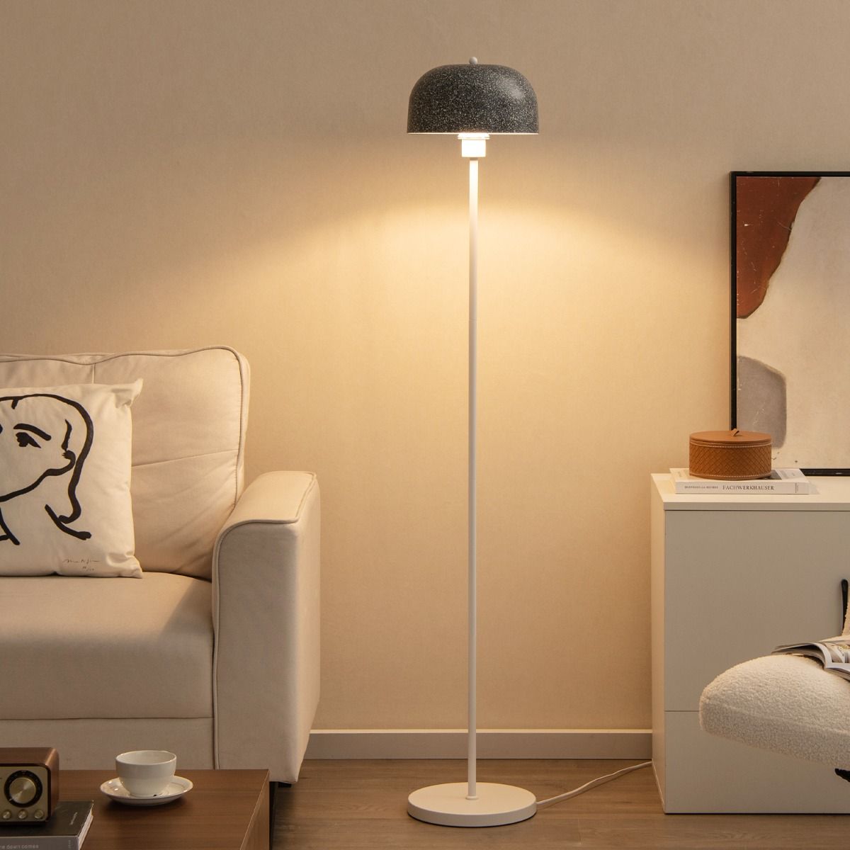 Coast Vloerlamp 146 cm Grijs-Wit met Kap en Voetschakelaar – Moderne Staande Lamp met Verzwaarde Voet en E27 Fitting