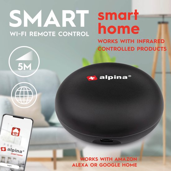Alpina Zwarte Smart Home Universele Afstandsbediening - Verbinding via telefoon en Wifi mogelijk - 7.70x7.70cm