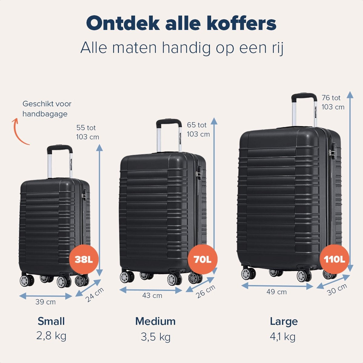 TRVLMORE Koffer - Handbagage - Cijferslot - 54x36x20cm - 38L - Zwart
