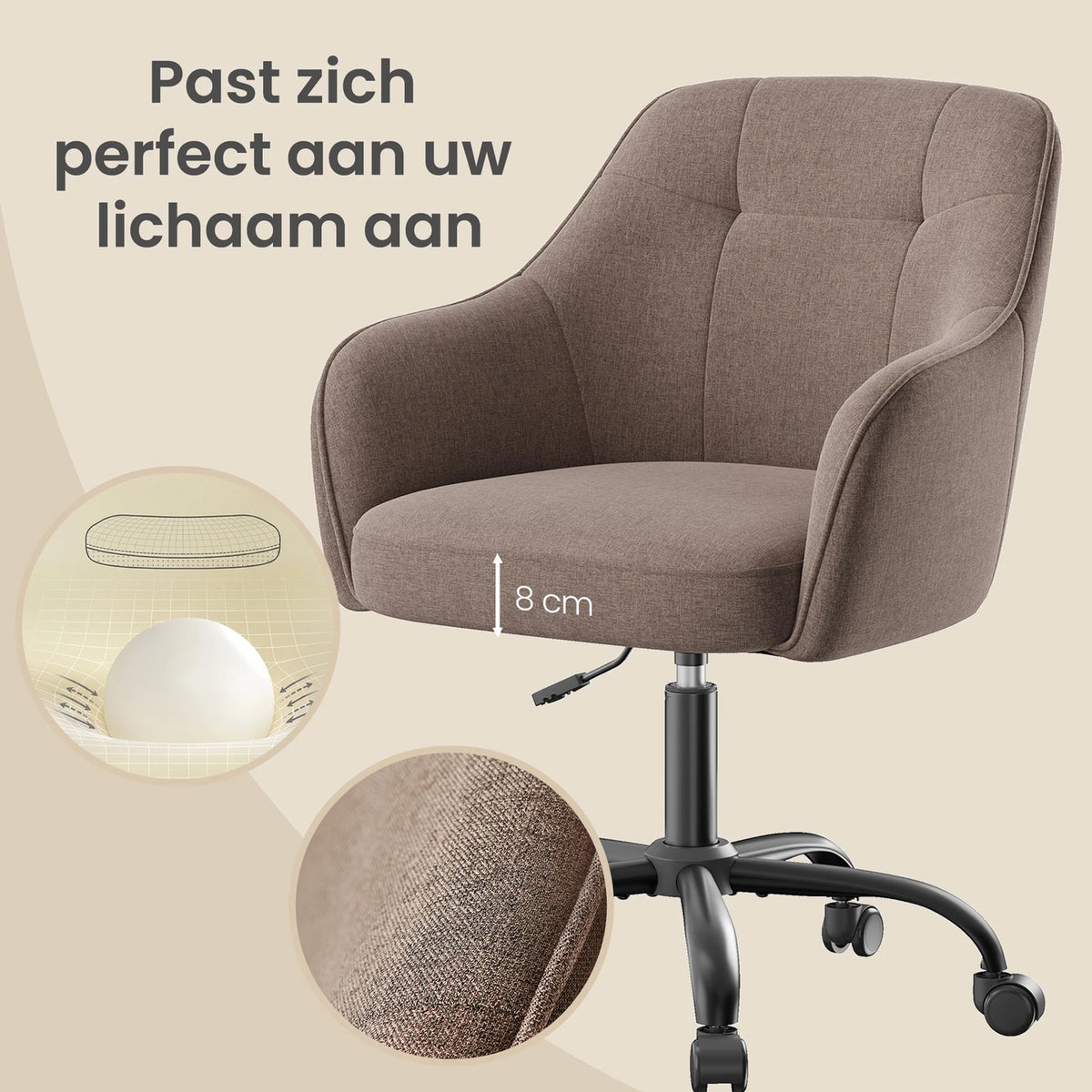 ochama Ergonomische Bureaustoel - Verstelbaar en Draaibaar - Ademend Textiel - 64 x 64 x 78-88 cm - Bruin