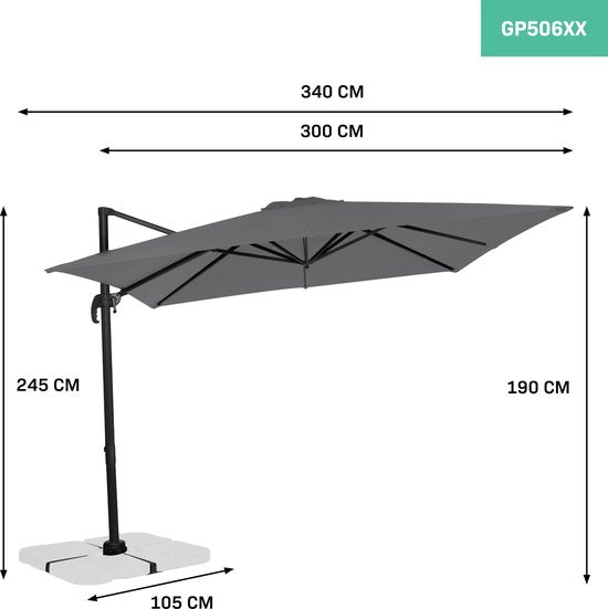 VONROC Premium Zweefparasol Pisogne 300x300cm – Incl. kruisvoet & beschermhoes – Vierkante parasol – 360 ° Draaibaar - Kantelbaar – UV werend doek - Grijs