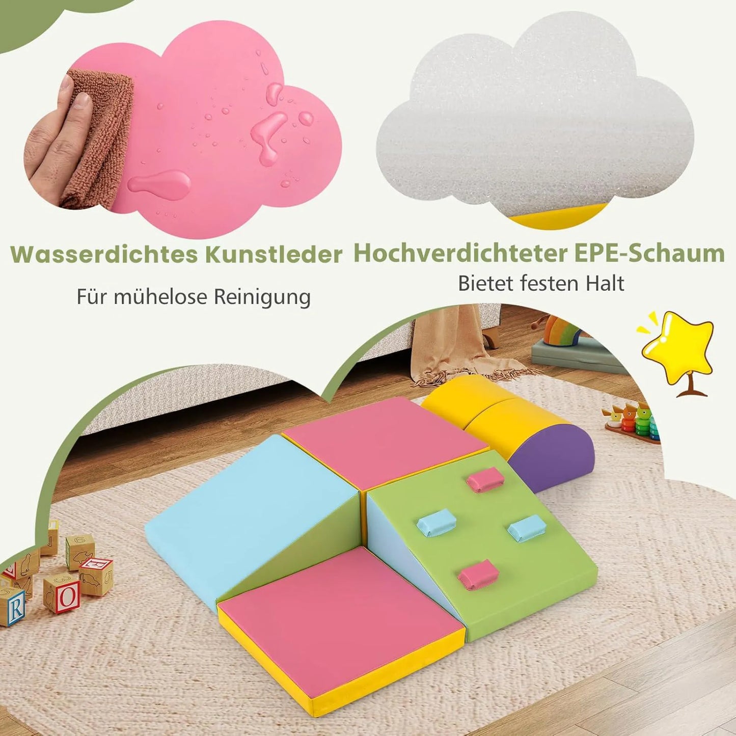 Coast Schuimrubberen Klimblokken Activity Play Set – Voorzien Van Klittenbandsluitingen En Zorgvuldige Stiksels En Gemakkelijk Vast Te Pakken Klimstenen – Voor Speelkamers En Kinderdagverblijven – Kleurrijk Leer En Epe Schuim