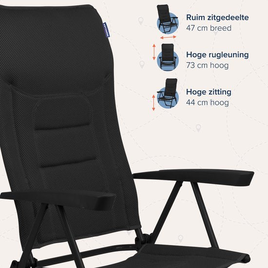 TRVLMORE Campingstoel - 7 standen - Comfortabele Kampeerstoel - 120 kg draagvermogen - Ligstand - Inklapbare stoel - Klapstoel - Zwart