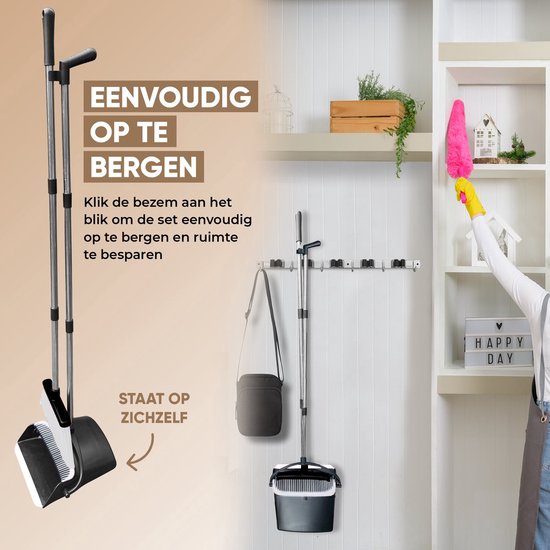 TTD® Stoffer en Blik met Lange Steel XXL - Verstelbaar 54-263 cm - Bezem - Bezemsteel - Grijs & zwart - Veger en Blik - Vuilblik voor Binnen en Buiten - Ingebouwde Schoonmaaktanden