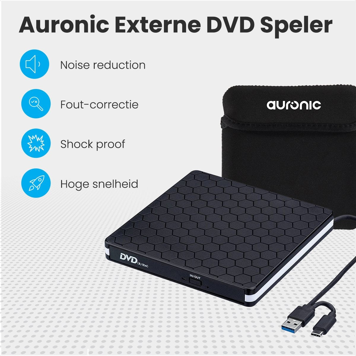 Auronic Externe DVD Speler - Voor Laptop en Brander - USB 3.0 of USB C - Windows, MacOS & Linux - Incl. Hoes + Kabel