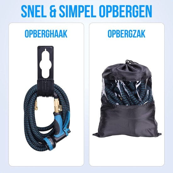 Strex Flexibele Tuinslang 15M met Sproeikop - Uitrekbaar - Incl. Koppelingen, Ophanghaak & Opbergzak