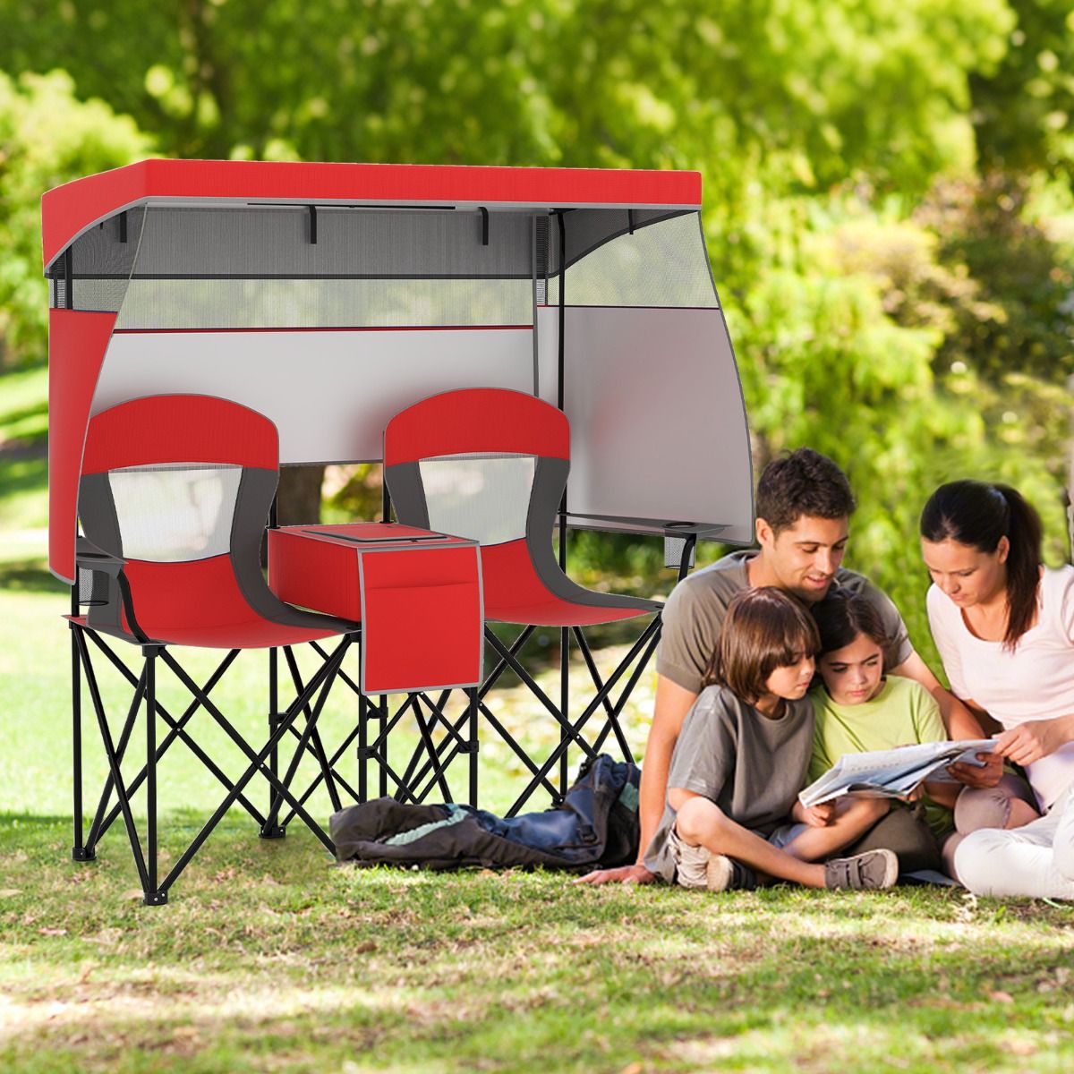 Coast Dubbele Campingstoel - verstelbare zonwering - koeltas en bekerhouders - rood