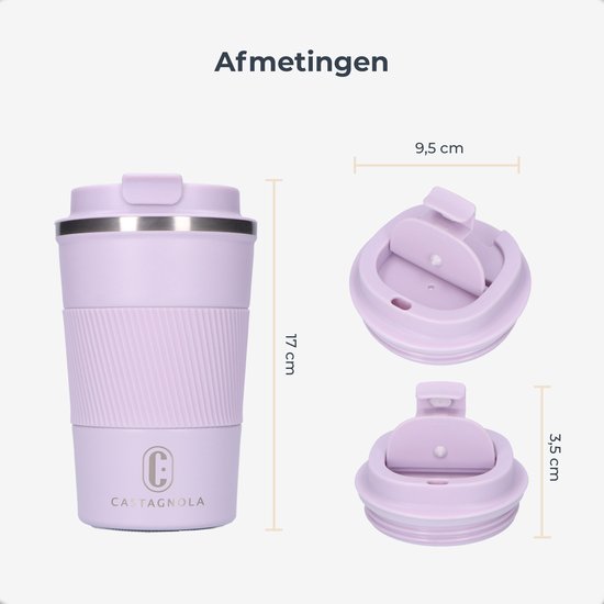 Castagnola Thermosbeker - Koffiebeker To Go - Travel Mug voor Koffie en Thee - Theebeker - 380 ML - RVS - Lichtpaars