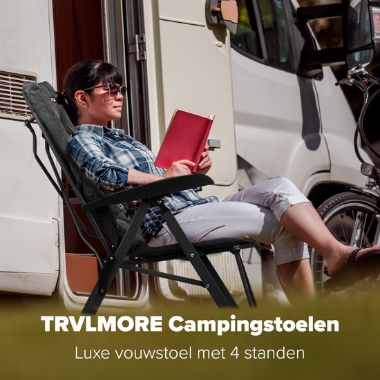 TRVLMORE Campingstoel - Inclusief Draagtas - Duo Pack - 120 kg draagvermogen - Kampeerstoel - Opbergvak - Klapstoel - Zwart