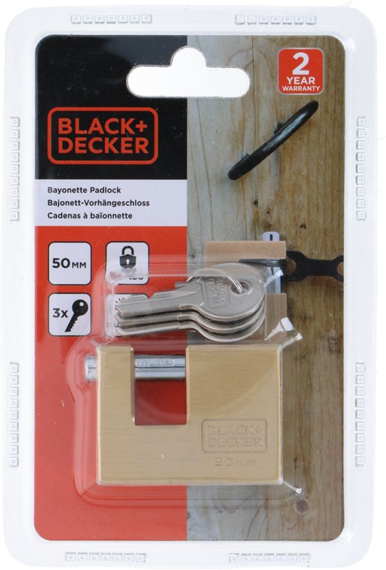 BLACK+DECKER Hangslot - 50mm - Incl. 3 Sleutels - Massief Messing