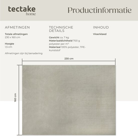 tectake® Kortpolig Vloerkleed - 160 x 230 cm - Zandkleur - Tapijt voor Woonkamer, Slaapkamer, Eetkamer - Onderhoudsvriendelijk en Wasbaar - Antislip Ondertapijt - Allergievriendelijk - Diverse maten en kleuren