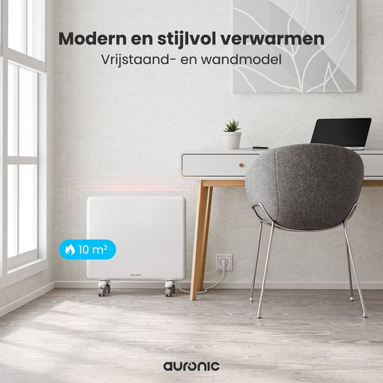 Auronic Convectorkachel - 1000W - Elektrische Verwarming - 3 Standen - Metalen Paneelverwarming - Vrijstaand - Wielen - Wit