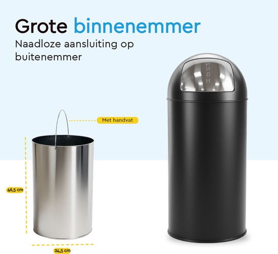 BRASQ Push Bin Prullenbak Zwart Vuilnisbak met uitneembare afvalemmer 30 liter - Afvalbak - Prullenbakken