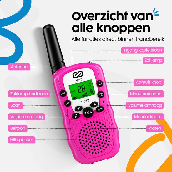 Infinity Goods Walkie Talkie - Voor Kinderen En Volwassenen - 3 Stuks - Incl. Batterijen - 3KM Bereik - Blauw, Roze & Geel