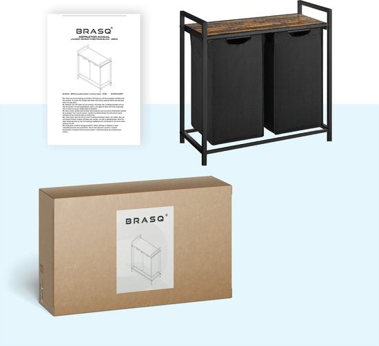 BRASQ Wasmand 2 vakken - Wassorteerder 76 Liter - Uitschuifbaar met Plank 73x33x71 cm - Wasbox Zwart Metaal - Bruin hout - Basket