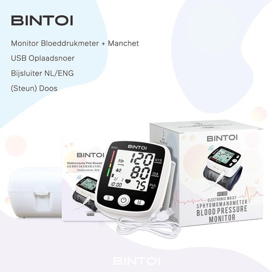 Bintoi® BXE100 - Bloeddrukmeter Pols - Hartslagmeter - USB Oplaadbaar - Incl. Opbergcase - 2 Gebruikers