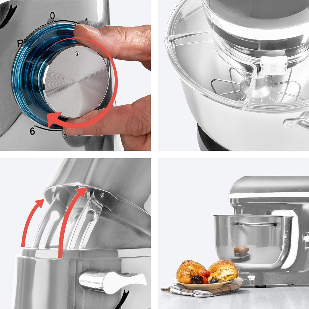 KitchenBrothers Keukenmachine & Mixer – 2000W – 6 Snelheden + Pulse – 6,2L RVS Mengkom – 38,7 x 23,8 x 31,4 cm – Zilver