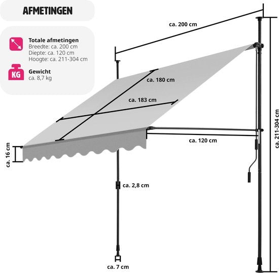 tectake - klemluifel - Zonnescherm – Zonneluifel - Verstelbaar - Klem-zonwering - Zonnescherm Balkon - 200 x 180 cm - lichtgrijs– zonwering - 404958