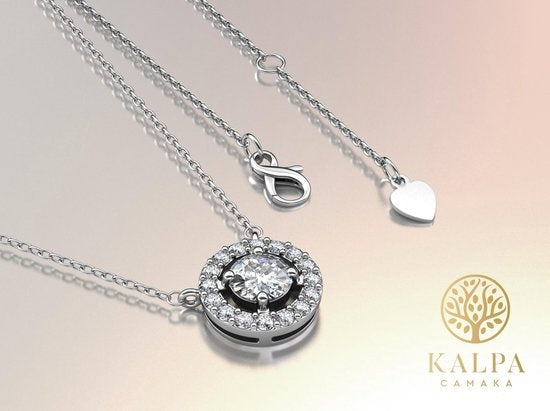 Yolora Dames Ketting met Ronde Hanger en Kalpa Camaka Kristallen - Zilver kleurig - 18K Witgoud Verguld - Moederdag Cadeautje