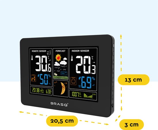 BRASQ Draadloos Weerstation binnen en buiten - Hygrometer - Luchtvochtigheidsmeter - Met buitensensor tot 60 meter - Thermometer - Barometer - inclusief batterijen