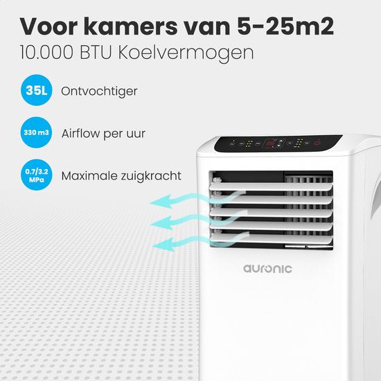 Auronic Mobiele Airco - 10.000 BTU - 4-in-1 - Airconditioning met 2 Raamafdichtingskits - Ventilator - Ontvochtiger - tot 25m² koelen