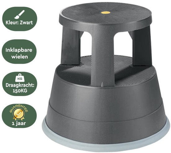 BRASQ Opstapkrukje Zwart ST200 - Verrijdbaar - Draagvermogen 150 kg - Opstapkruk - Opstapje - Opstapkrukje volwassenen - Olifantenvoet