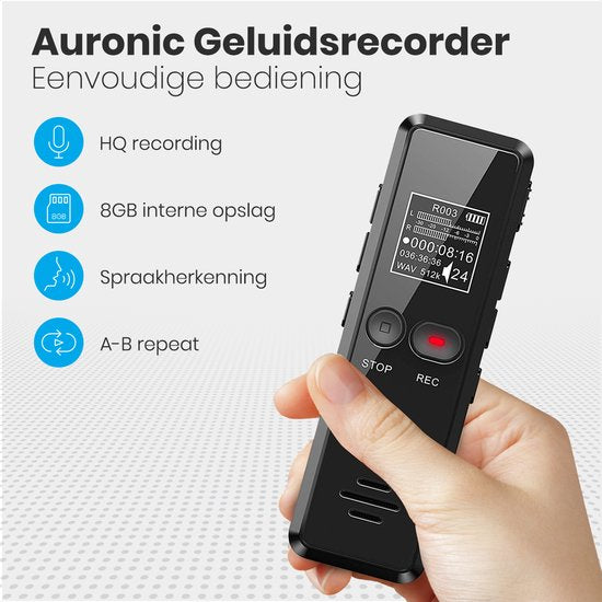 Auronic Digitale Voice Recorder - Dictafoon - 8GB Opslag - Ruisonderdrukking - USB Oplaadbaar - Afluisterapparatuur - Zwart