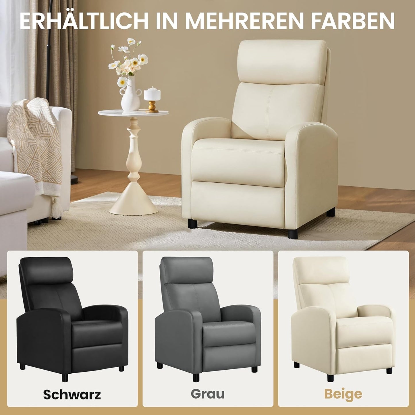 Yaheetech Relaxstoel XL - Verstelbare Ligstoel met Voetensteun - Kunstleer Beige - 87 x 61,5 x 99 cm