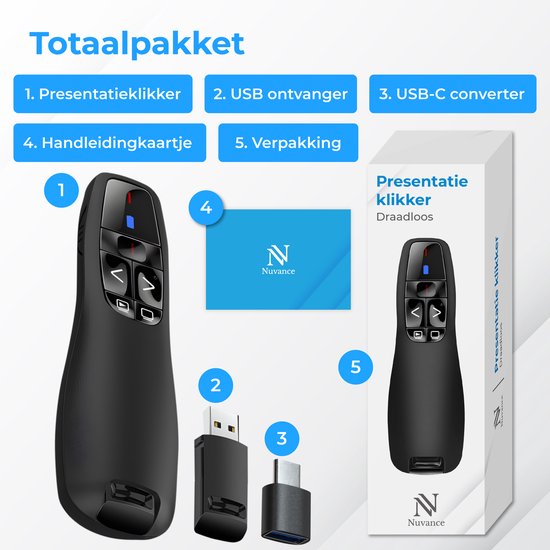 Nuvance Presentatie Klikker - Laser - Aanwijzer - Presenter - USB Ontvanger - Incl. USB C Adapter - Clicker