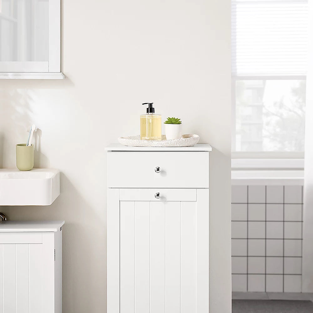 Sobuy Badkamerkast Wasmandkast – Voorzien Van 1 Uitneembare Wasmand En 1 Deur En 1 Schuiflade – Voor Badkamer En Wasruimte – Wit Gelakt Mdf – 40 x 38 x 90 cm