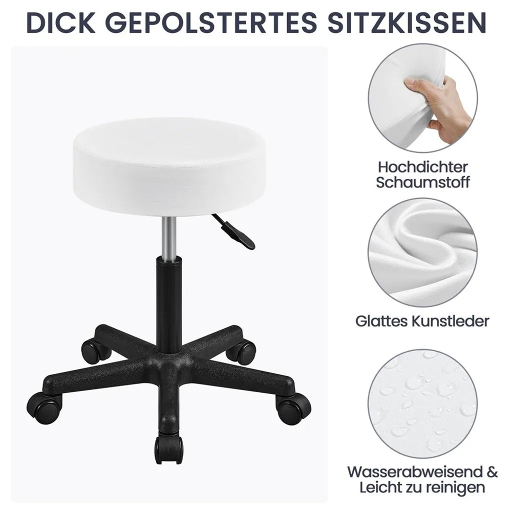Yaheetech Rolkruk 50 × 50 × 46–61,5 cm – Wit – Verstelbare Draaikruk met Wielen en 150 kg Draagkracht