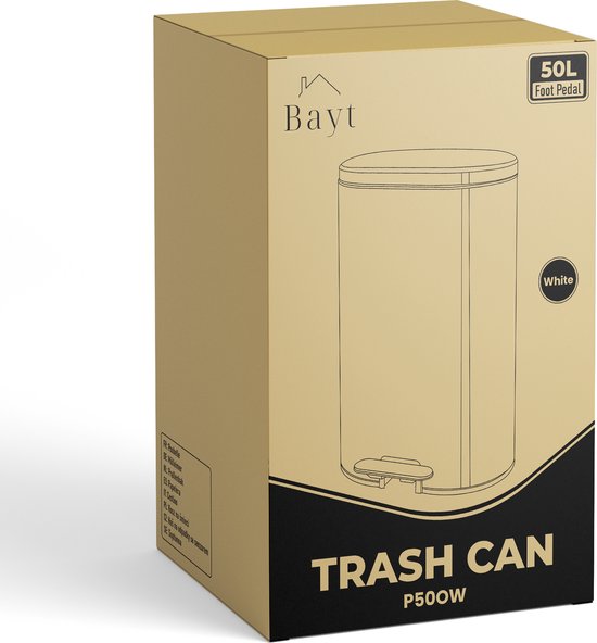 Bayt Prullenbak - Pedaalemmer 50 Liter -Prullenbak 50 Liter - Vuilnisbak 50 Liter - Prullenbak Afvalscheiding - Afvalbak- RVS - Wit