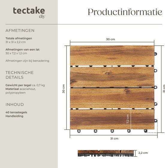 tectake® - Houten Tuintegels - Weerbestendig - Vloerbedekking voor balkon - Vloertegels - Balkonvloer - Terrastegels met kliksysteem - Drainage - set van 40