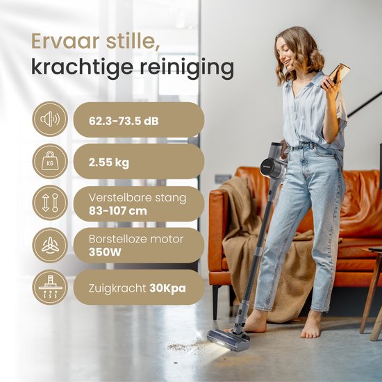 Vapore Steelstofzuiger Draadloos - 47 Minuten Accuduur - 350W - Snoerloze Stofzuiger - Zonder Zak - Op Accu - Vacuum Cleaner - Kruimeldief - Draadloze Steelstofzuiger - Zwart