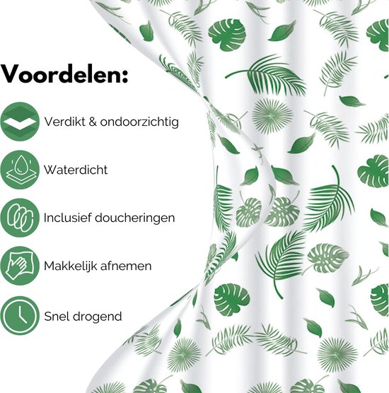 VAIVE Douchegordijn Groen 180x200 - Anti Schimmel - Douchegordijnen - Ringen