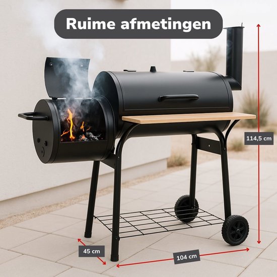 alpina Smokerbarbecue - BBQ Smoker - met Aparte Smoker - Instelbare Schoorsteen - 104 x 58 x 114 cm