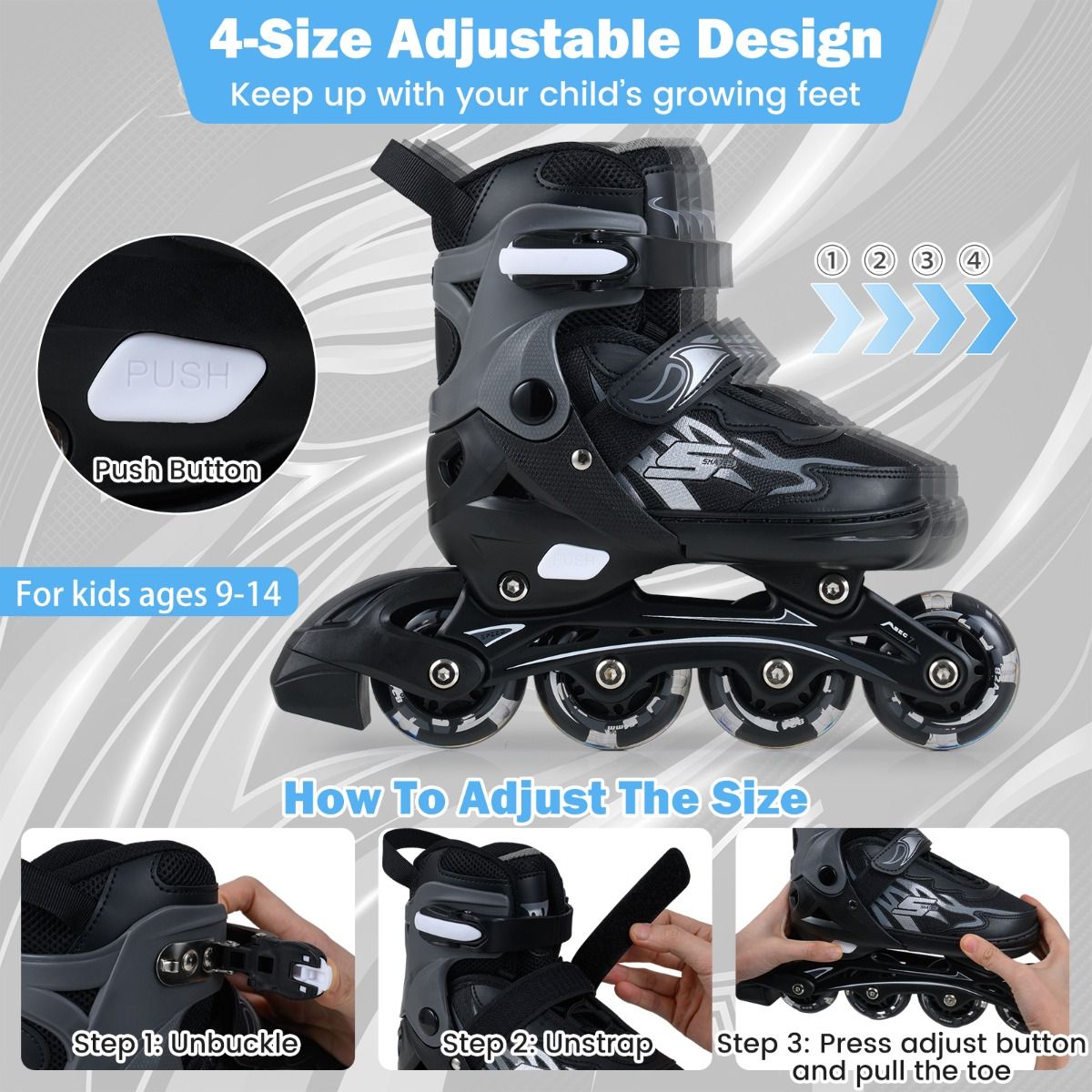 Coast Kinder Inlineskates - 4-voudig verstelbaar - LED wielen - grijs