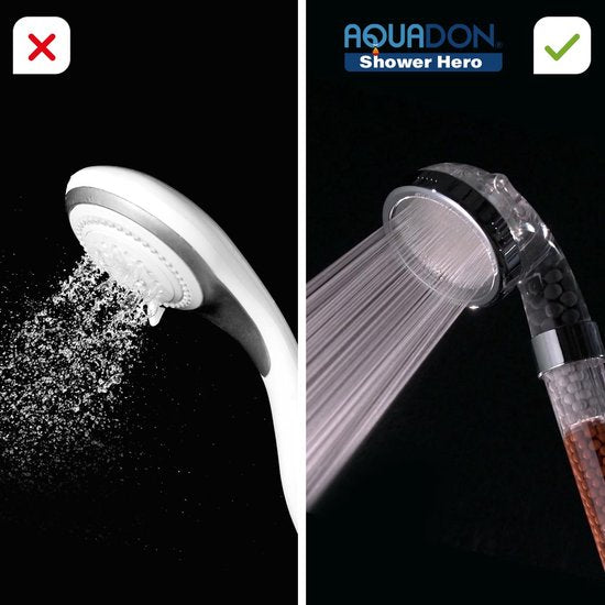 Aquadon Shower Hero - Waterbesparende Douchekop met natuurlijke Minerale parels - drie Waterstraalsterktes - voor alle gangbare Doucheslangen - 3 Straalsoort - Verhoogt de Waterdruk - bespaart Water